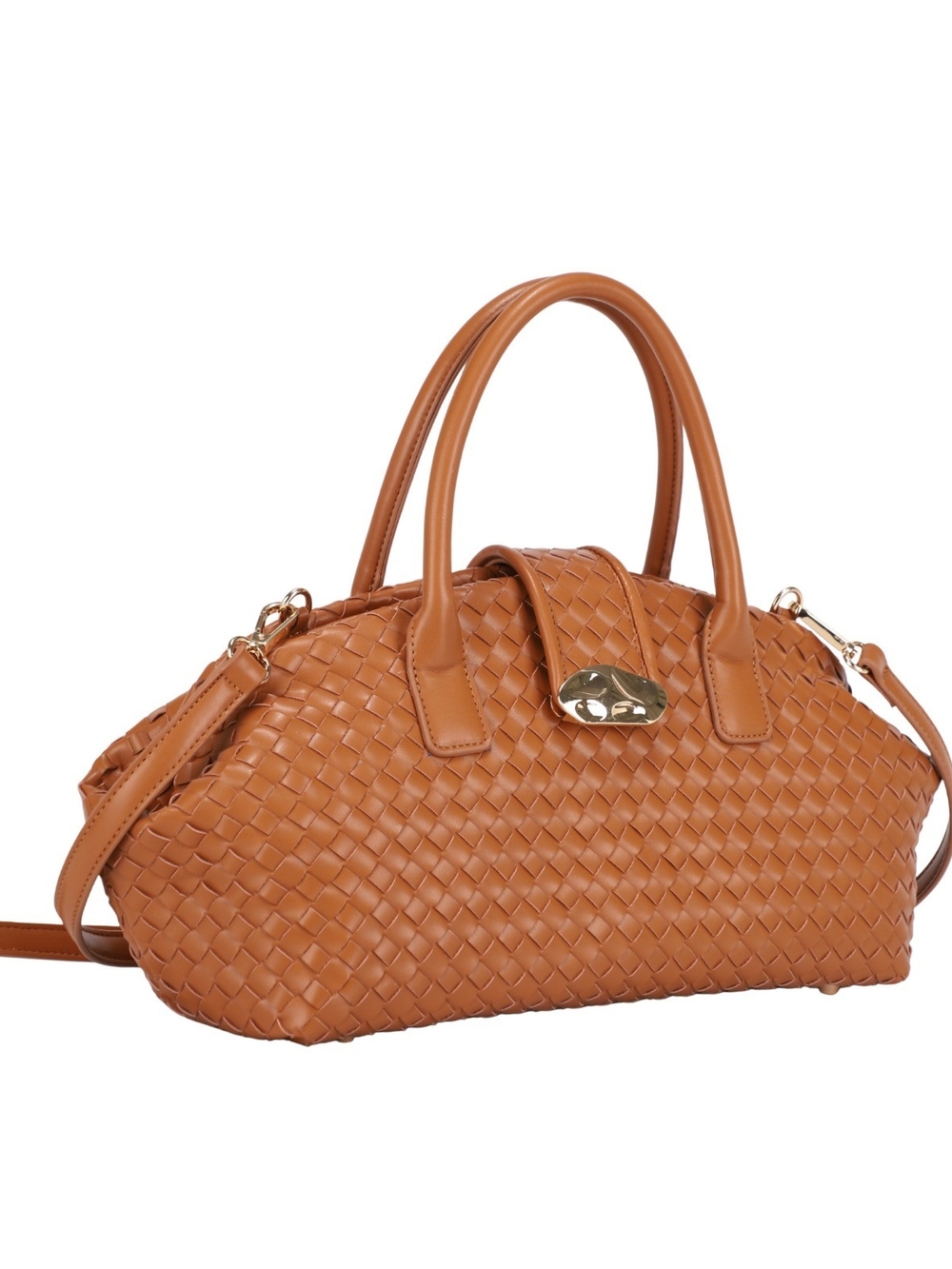 Luxurious Vegan Leather Woven Top-Handle Satchel in Cognac Brown